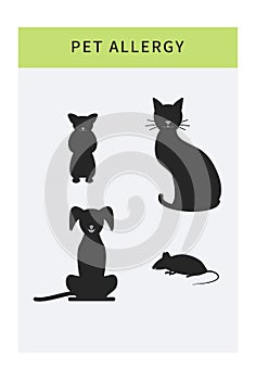Pet allergy  icons set, allergy to animal hair, isolated cartoon allergen symbols like cat, dog, mouse.