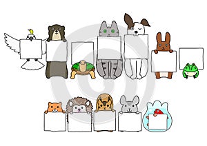 Pet animals in line with white cards