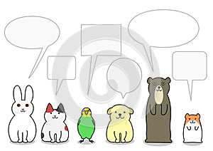 Pet animals in a row with speech bubbles