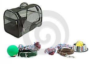 Pet Bag, Bowls, Leashes, Rubber toy on isolated white background