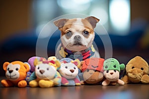 pet with a birthday bandana surrounded by plushies