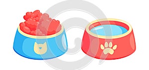 Pet bowl with food. Bowl for cat or dog for kibbles and water. Vector illustration