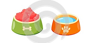 Pet bowl with food. Bowl for cat or dog for kibbles and water. Vector illustration