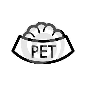 Pet bowl with food simple vector icon. Black and white illustration of dog and cat bowl. Outline linear icon.