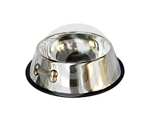 Pet bowl stainless steel on isolated white background.