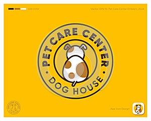 Pet Care Center logo. Icon for veterinary clinic, dog shelter. Waiting puppy and text in a circle. Identity and app icon.