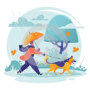Pet care concept. Man walking his dog in spite of adverse weather conditions.