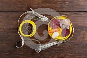 Pet care and diet concept. Bowl of dry food and raw food with meat, fish and vegetables on wooden background