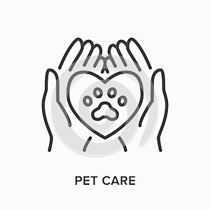 Pet care flat line icon. Vector outline illustration of human hands and cat paw. Black thin linear pictogram for animal