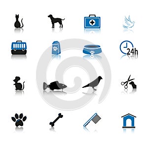 Pet care icon set black and blue isolated on white background