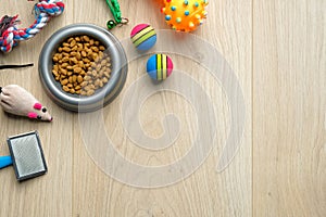 Pet care and training concept. Flat lay composition with cat and dog accessories and bowl with dry kibble food on wooden table.