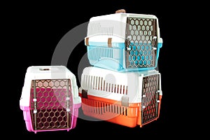 Pet carrier Set for traveling with a pet on isolated black