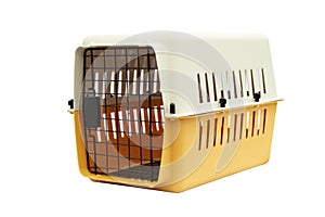 Pet carrier yellow for traveling with a pet on isolated white