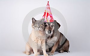 Pet cat and dog in a birthday cap wearing a hat isolated on white background. Generative AI