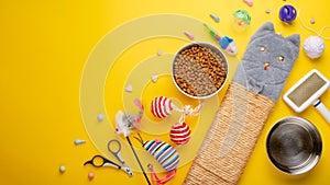 Pet, cat, food and accessories of cat living flat lay, with space for design, on a yellow background. Banner, cat background