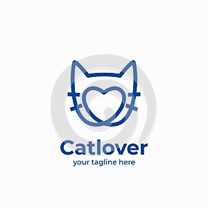 Pet cat lover logo outline monoline cat face with amour shape icon logo