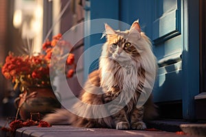 a pet cat sitting by a front door