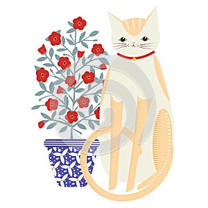 Pet cat sitting in front of a flower pot