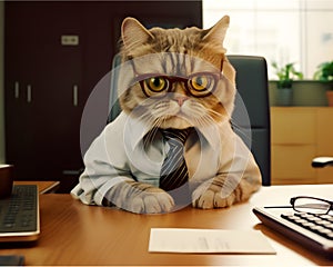 Pet cat working in office. Concept of officer, chairman, chief or boss. AI generated image