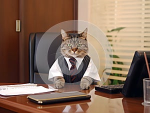 Pet cat working in office. Concept of officer, chairman, chief or boss. AI generated image