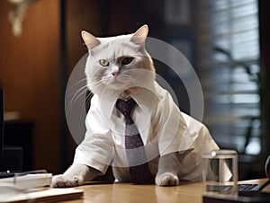 Pet cat working in office. Concept of officer, chairman, chief or boss. AI generated image