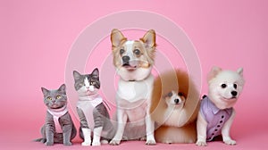 Pet cats and dogs group in neutral pink background. AI generated