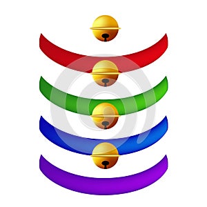 Pet Collar with Golden Ball Collection. Red, Green, Blue, Purple Belts. on White Background.