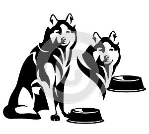 Pet dog with food bowl waiting for meal black and white vector outline