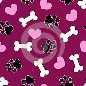 Pet dog footprints bone and heart seamless pattern