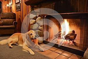 pet dog lying by the fireplace in a rusticstyle basement living room