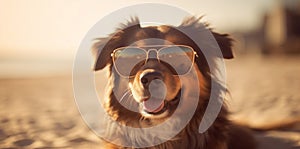 pet dog relax vacation beach chair summer funny lazy sunglasses. Generative AI.