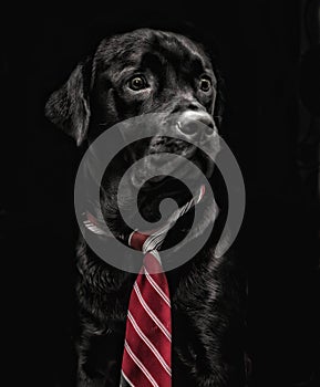 A pet dog wearing a tie and photographed in a studio