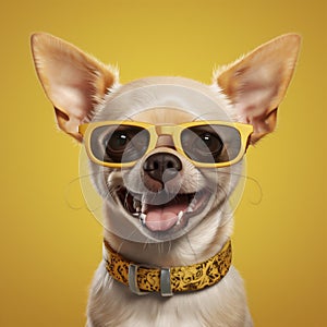 pet dog yellow chihuahua puppy portrait animal glasses goggles cute background. Generative AI. photo