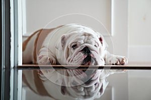 Pet English bulldog lying down looking bored