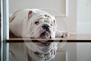 Pet English bulldog lying down waiting and looking disappointed