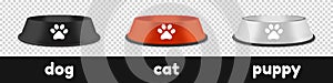 Pet Feeding Bowl On Rubber Base Set - Different Vector Illustrations With Exchangeable Text Isolated On Transparent Background