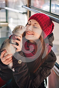 Pet ferret taking a ride on city tram