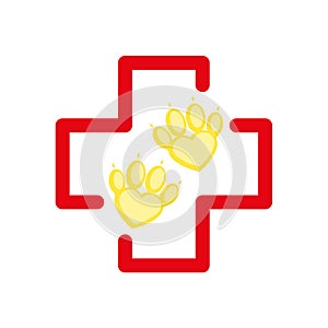 Pet First Aid. Red cross and paw as heart. Vet hospital logotype. Flat cartoon style