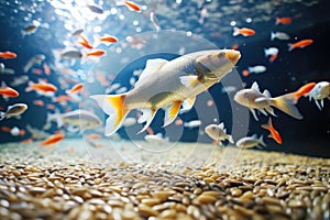 pet fish overfed with pellets in its tank