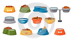 Pet food bowl. Cat and dog cartoon containers with wet and dry meal, water and milk. Canine or feline feed dishes. Kittens or