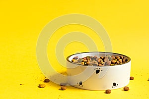 Pet food bowl with dry granulated food on a yellow background. Food for a cat or dog is poured into a white bowl. Copy space