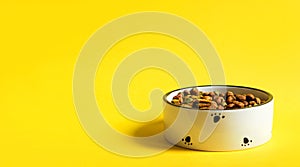 Pet food bowl with dry granulated food on a yellow background. Food for a cat or dog is poured into a white bowl. Copy space