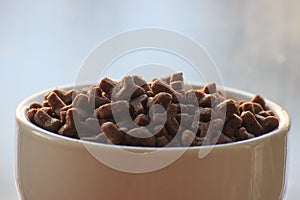 Pet food in a bowl on a light background. balanced food for animals, dry food