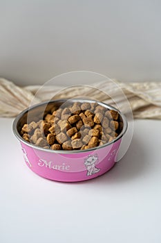 Pet food in bright pink cat feeding bowl with lettering