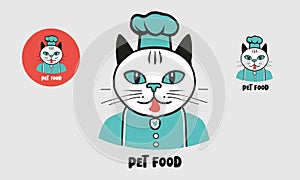 Pet food logo with cat illustration. Vector cat stylised and isolated on grey background.