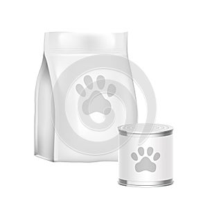 Pet food pack mock up. Realistic white blank paper or foil bag and tin can packaging template