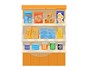 Pet food shelves with various dog and cat food packages. Supermarket aisle with assortment of animal care products