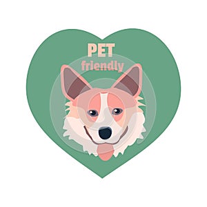 Pet frendly logo with corgi in heart Vector flat illustration