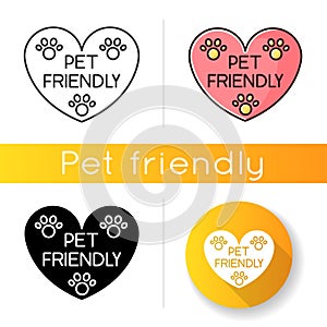 Pet friendly area sign icon. Grooming salon heart shaped logo, animals welcome zone. Cats and dogs permitted territory