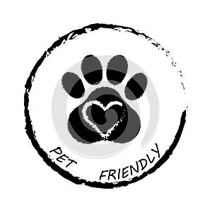 Pet friendly badge. Love heart paw print. Animal accommodation symbol. Vector illustration. EPS 10.